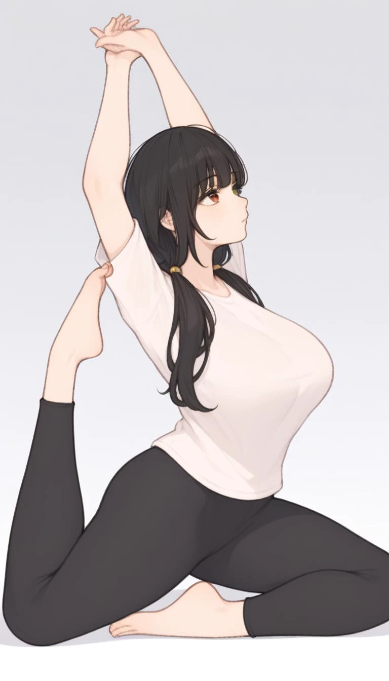 score_9,score_8_up,score_7_up,source_anime,<lora:Pony-人ç©-约æ-æ¶å´çä¸ï¼ChameleonAIï¼:1>,1girl,solo,KurumiBase,clock eyes,red eye,yellow eye,heterochromia,black hair,
low twintails,big breasts,
<lora:Pony-å¨ä½-çä¼½ï¼meiyouzhuyaï¼:1>,yujia pose,stretch,arms up,sitting,full body,profile,split,from side,feet,black yoga_pants,white shirt,mature female