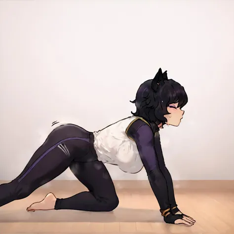 Kali Belladonna, score_9, score_8_up, score_7_up, 1girl, medium breasts, source_anime, slender body, tight, stretching, cat pose, cat stretch, traditional wood room, on all fours, eyes closed, face scrunched, sunlight peeking through window, 8k, bluefield_style, stretch, yoga, motion lines, sweat, sweaty, smell, steam, barefoot, full body,