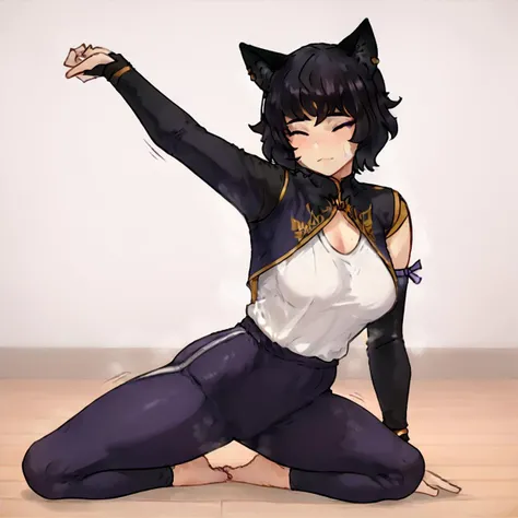 Kali Belladonna, score_9, score_8_up, score_7_up, 1girl, medium breasts, source_anime, slender body, tight, stretching, cat pose, cat stretch, traditional wood room, on all fours, eyes closed, face scrunched, sunlight peeking through window, 8k, bluefield_style, stretch, yoga, motion lines, sweat, sweaty, smell, steam, barefoot, full body,