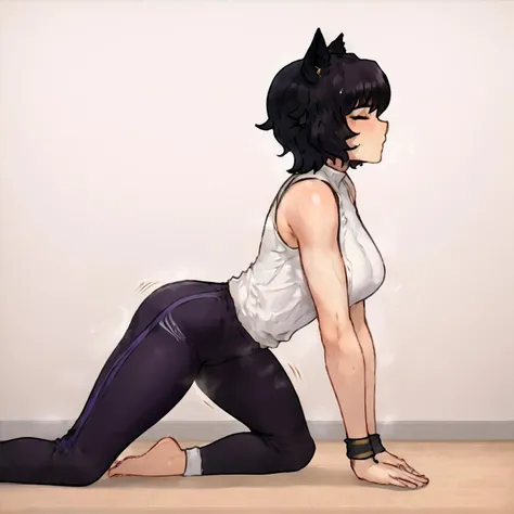 Kali Belladonna, score_9, score_8_up, score_7_up, 1girl, medium breasts, source_anime, slender body, tight, stretching, cat pose, cat stretch, traditional wood room, on all fours, eyes closed, face scrunched, sunlight peeking through window, 8k, bluefield_style, stretch, yoga, motion lines, sweat, sweaty, smell, steam, barefoot, full body,