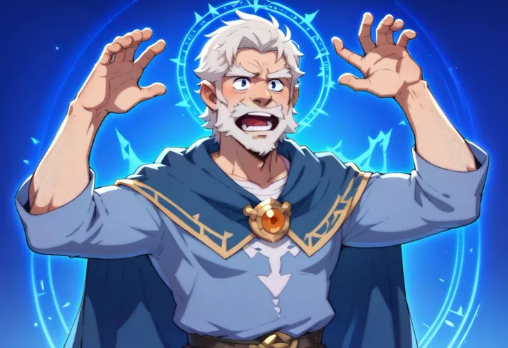 score_9,score_8_up,score_7_up,score_6_up,score_5_up,score_4_up, masterpiece, best quality, source_anime, anime,
alone,
Fantasy,
Old man, Wizard, White beard, white moustache, blue outfit, blue cape, powerfull,
incandescent background, invoking circle, stand, screaming, arms up, look up, hands up,