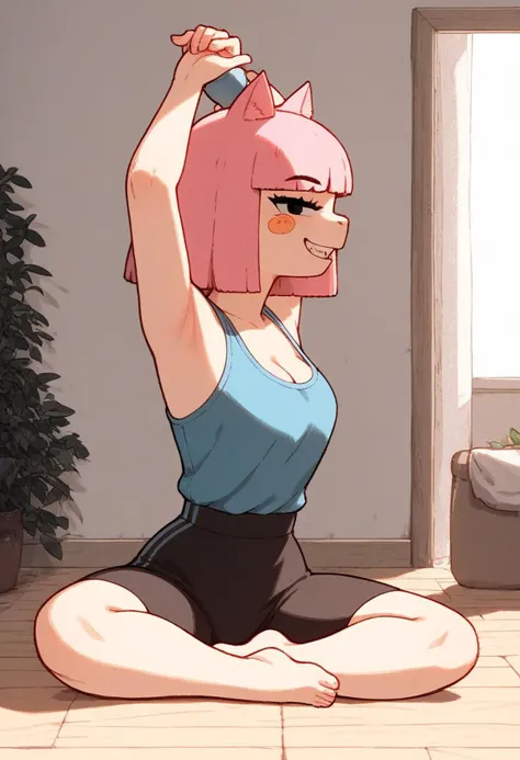 score_9,score_8,score_7,score_8_up,score_7_up,score_6_up,
full body,
(<lora:SusieMccallisterSummerCampIsland:1.0> susie mccallister, pink hair, pointed cat ears, animal ears, furry female, blush stickers, furry,),
perfect round breasts, eyelashes, half-closed eyes,
yoga outfit, cleavage, shoulder slip, bare shoulders, narrow waist, wide hips,
yujia pose, stretch, arms up, sitting, profile, split, from side,
looking at viewer, open mouth, smile, big grin, teeth,
indoors, bedroom,
<lora:Expressive_H:1> Expressiveh,
<lora:add-detail-xl:1>