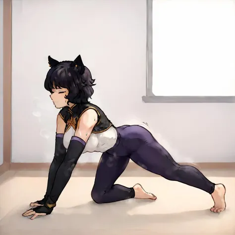 Kali Belladonna, score_9, score_8_up, score_7_up, 1girl, medium breasts, source_anime, slender body, tight, stretching, cat pose, cat stretch, traditional wood room, on all fours, eyes closed, face scrunched, sunlight peeking through window, 8k, bluefield_style, stretch, yoga, motion lines, sweat, sweaty, smell, steam, barefoot, full body,