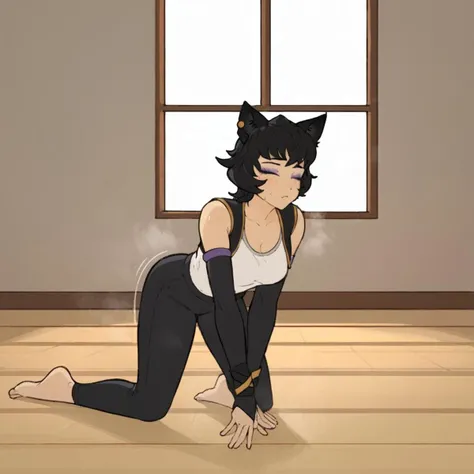 Kali Belladonna, score_9, score_8_up, score_7_up, 1girl, medium breasts, source_anime, slender body, tight, stretching, cat pose, cat stretch, traditional wood room, on all fours, eyes closed, face scrunched, sunlight peeking through window, 8k, stretch, yoga, motion lines, sweat, sweaty, smell, steam, barefoot, full body,