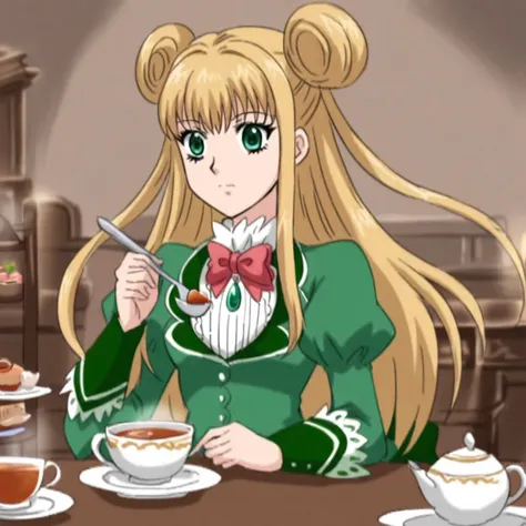 semi-realistic, 1girl, table, tea, spoon, upper body, <lora:CeciliaXL:1> Cecilia, blonde hair, tailbone length hair, green eyes, green dress, red bow, green pendant, two buns, white extra long thigh high socks, red slippers