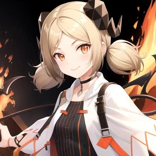 ((masterpiece)),(best quality),official art,extremely detailed CG,unity 8k wallpaper,ultra detailed,perfect lighting,1girl,solo,upper body,(portrait:1.2),toeless_footwear,twintails,looking_at_viewer,black_footwear,toenail_polish,orange_eyes,black_choker,thigh_strap,short_dress,blonde_hair,white_cloak,striped_dress,smile,demon_horns,short_hair,fire,bangs,demon_tail,low_twintails,parted_bangs,orange_nails,white_coat,sandals,<lora:Ifrit(ark)>,