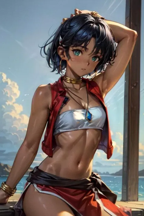 (masterpiece, best quality, highres, absurdres, ultra-detailed:1.2), ((1girl, solo, nadia la arwall, green eyes, dark skin, short hair, navel, bandeau, vest, bracelets, earrings, hair ornament, loincloth, bare shoulders, necklace, neck ornament, from side, stretching)), (outdoors, blue sky, clouds, ambient light, realistic shadows), <lora:Nadia:0.75>, <lora:add_detail_v1:0.85>