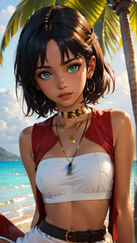 (best quality, masterpiece, colorful, dynamic angle, highest detailed, hyper realistic)(Nadia la Arwall), upper body professional photo, fashion photography of cute dark purple bob-cut hair, dark-skinned, girl ((Nadia la Arwall)), intense green eyes, gold triple neck ring, necklace, strapless, white tube top, red vest (high resolution textures), in dynamic pose, bokeh, (intricate details, hyperdetailed:1.15), detailed, sunlight passing through hair, (Caraibbian beach island background)(high contrast, official art, extreme detailed, highest detailed,natural skin texture, hyperrealism, soft light, sharp, perfect face) <lora:Nadia:0.6>