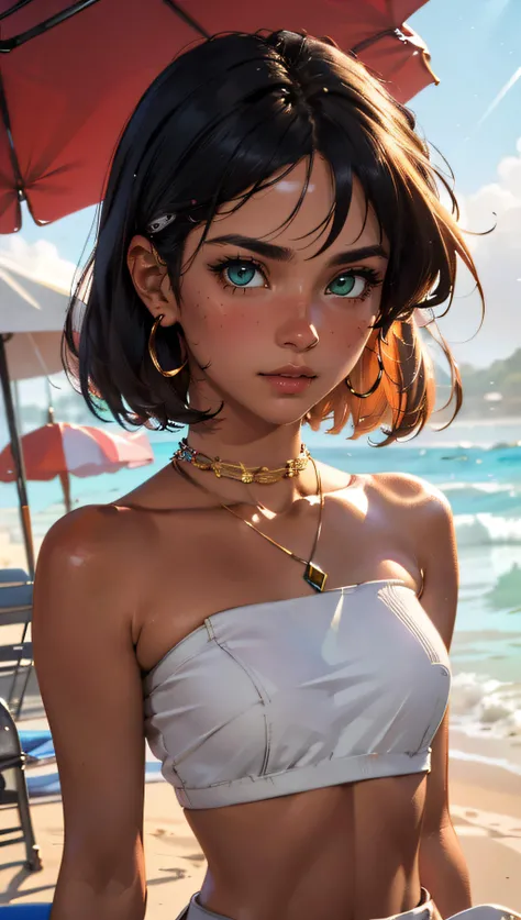 (best quality, masterpiece, colorful, dynamic angle, highest detailed, hyper realistic)(Nadia la Arwall), upper body professional photo, fashion photography of cute dark purple bob-cut hair, dark-skinned, girl ((Nadia la Arwall)), intense green eyes, gold triple neck ring, necklace, strapless, white tube top, red vest (high resolution textures), in dynamic pose, bokeh, (intricate details, hyperdetailed:1.15), detailed, sunlight passing through hair, (Caraibbian beach island background)(high contrast, official art, extreme detailed, highest detailed,natural skin texture, hyperrealism, soft light, sharp, perfect face) <lora:Nadia:0.6>