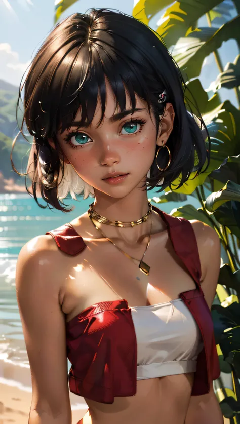 (best quality, masterpiece, colorful, dynamic angle, highest detailed, hyper realistic)(Nadia la Arwall), upper body professional photo, fashion photography of cute dark purple bob-cut hair, dark-skinned, girl ((Nadia la Arwall)), intense green eyes, gold triple neck ring, necklace, strapless, white tube top, red vest (high resolution textures), in dynamic pose, bokeh, (intricate details, hyperdetailed:1.15), detailed, sunlight passing through hair, (Caraibbian beach island background)(high contrast, official art, extreme detailed, highest detailed,natural skin texture, hyperrealism, soft light, sharp, perfect face) <lora:Nadia:0.6>
