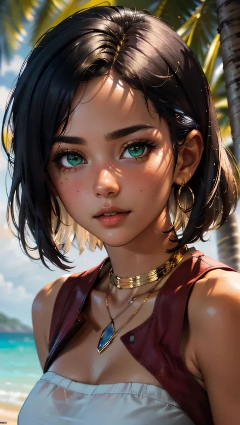 (best quality, masterpiece, colorful, dynamic angle, highest detailed, hyper realistic)(Nadia la Arwall), upper body professional photo, fashion photography of cute dark purple bob-cut hair, dark-skinned, girl ((Nadia la Arwall)), intense green eyes, gold triple neck ring, necklace, strapless, white tube top, red vest (high resolution textures), in dynamic pose, bokeh, (intricate details, hyperdetailed:1.15), detailed, sunlight passing through hair, (Caraibbian beach island background)(high contrast, official art, extreme detailed, highest detailed,natural skin texture, hyperrealism, soft light, sharp, perfect face) <lora:Nadia:0.6>