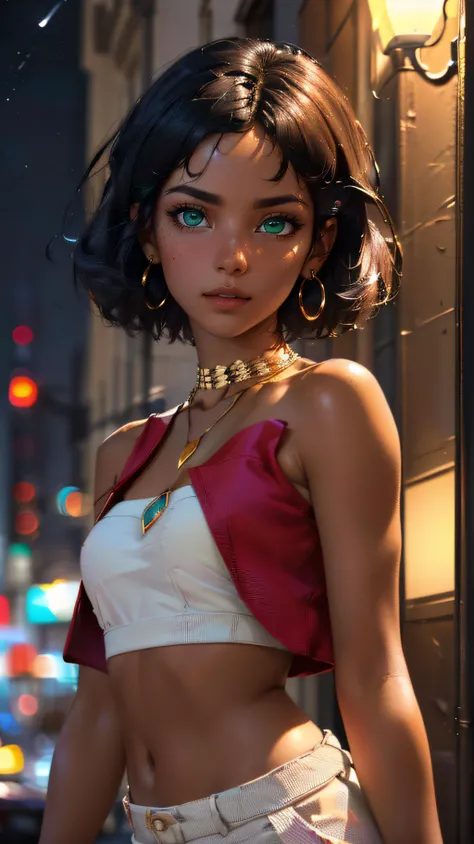 (best quality, masterpiece, colorful, dynamic angle, highest detailed, hyper realistic)(\Nadia la Arwall\), upper body professional photo, fashion photography of cute dark purple bob-cut hair, dark-skinned, girl ((\Nadia la Arwall\)), intense green eyes, gold triple neck ring, necklace, strapless, white tube top, red vest (high resolution textures), in dynamic pose, bokeh, (intricate details, hyperdetailed:1.15), detailed, moonlight passing through hair, (1800 Paris city background, clear night), (official art, extreme detailed, highest detailed,natural skin texture, hyperrealism, soft light, sharp, perfect face) <lora:Nadia:0.6>