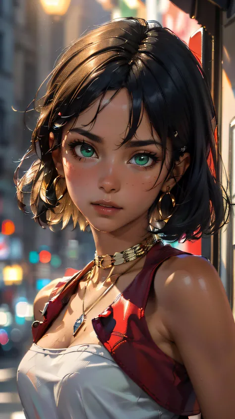 (best quality, masterpiece, colorful, dynamic angle, highest detailed, hyper realistic)(\Nadia la Arwall\), upper body professional photo, fashion photography of cute dark purple bob-cut hair, dark-skinned, girl ((\Nadia la Arwall\)), intense green eyes, gold triple neck ring, necklace, strapless, white tube top, red vest (high resolution textures), in dynamic pose, bokeh, (intricate details, hyperdetailed:1.15), detailed, moonlight passing through hair, (1800 Paris city background, clear night), (official art, extreme detailed, highest detailed,natural skin texture, hyperrealism, soft light, sharp, perfect face, HDR) <lora:Nadia:0.6>