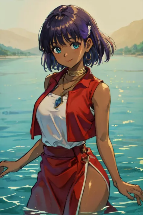 (masterpiece, best quality;1.3), extremely detailed, 1girl, solo, detailed skin, looking at viewer, dark skin, smile, dark purple hair,
<lora:Nadia:0.8> nadia, cowboy shot, WHITE BANDEAU swimsiuts, red vest,Gold collar, Necklace with large light blue gemstones