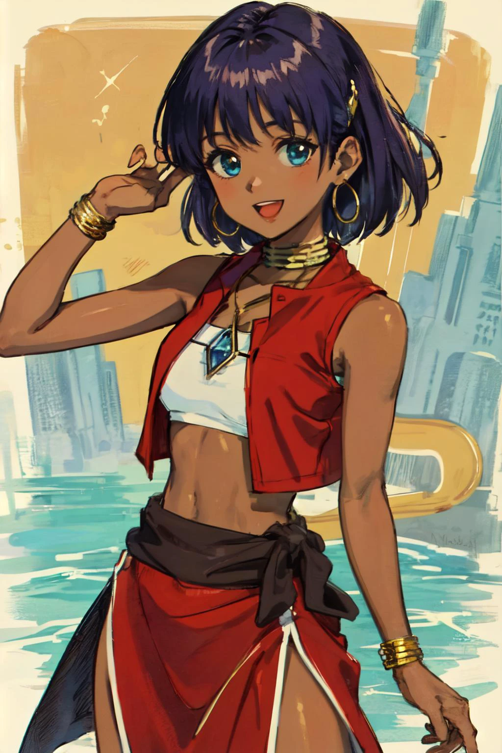 (masterpiece, best quality;1.3), extremely detailed, 1girl, solo, detailed skin, looking at viewer, dark skin, smile, dark purple hair, :D, smile,
<lora:Nadia:0.8> nadia, cowboy shot, WHITE BANDEAU swimsiuts, red vest,Gold collar, Necklace with large light blue gemstones