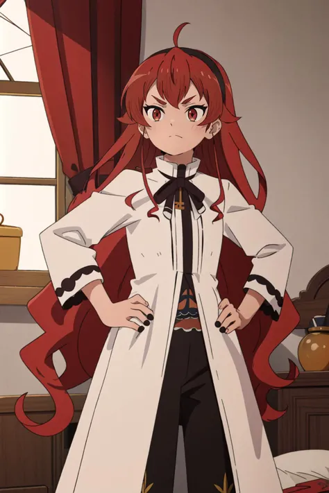 (masterpiece, best quality),  intricate details,
1girl,    <lora:mushokutensei:0.8> eris, red hair,  smug, 
standing, room, curtains, window, bedroom,  hands on hips,