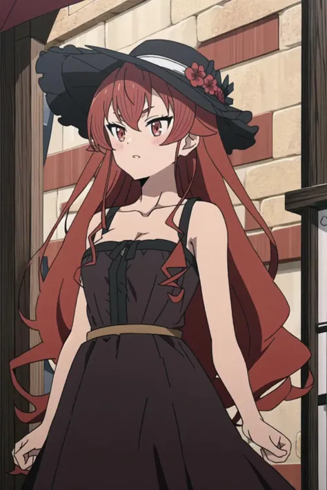 masterpiece, best quality, <lora:mushokutensei:0.8> eris, black dress, strapless, hat