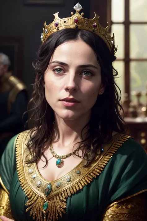 photo of antjeT1 , (extremely detailed CG unity 8k wallpaper), medieval queen, green vale, dark skin, black woman, golden crown, diamonds, medieval architecture, professional majestic oil painting by Ed Blinkey, Atey Ghailan, Studio Ghibli, by Jeremy Mann, Greg Manchess, Antonio Moro, trending on ArtStation, trending on CGSociety, Intricate, High Detail, Sharp focus, dramatic, photorealistic painting art by midjourney and greg rutkowski