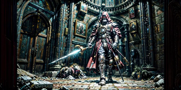 Generate a stunning art style, a true [masterpiece] [best quality] of art. The image showcases [detailed linework], [dynamic shading], and [dramatic lighting], bringing to life a [dark atmosphere, grim coloures] . In the background a [gothic hive city, manufactorum] is to be seen in [grand, high-scale, panorama]  from  [from below].
skitarii warrior, [male, 1boy, solo]  is  [full body:1.5, charging forward, from from above]. He is  wearing [skitarii armor, mask details, glowing eyes, cyborg, mechanical arms detail, full armor, bronze trimmings, armor detail, gold trimmings, red cape, ]. He is holding a [sword].
<lora:more_details:1>  <lora:add_detail:1>  <lora:Skitarii Guard MK1 by CARAXES:0.7>