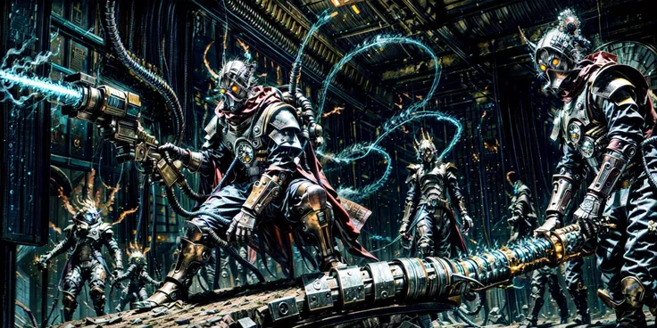 Generate a stunning art style, a true [masterpiece] [best quality] of art. The image showcases [detailed linework], [dynamic shading], and [dramatic lighting], bringing to life a [dark atmosphere, grim coloures] . In the background a [gothic hive city, manufactorum] is to be seen in [grand, high-scale, panorama]  from  [from below].
skitarii warrior, [male, 1boy, solo]  is  [full body:1.5, charging forward, from from above]. He is  wearing [skitarii armor, mask details, glowing eyes, cyborg, mechanical arms detail, full armor, bronze trimmings, armor detail, gold trimmings, red cape, ]. He is holding a [(flame thrower:1.5)].
<lora:more_details:1>  <lora:add_detail:1>  <lora:Skitarii Guard MK1 by CARAXES:0.7>