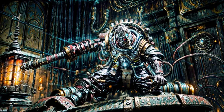 Generate a stunning art style, a true [masterpiece] [best quality] of art. The image showcases [detailed linework], [dynamic shading], and [dramatic lighting], bringing to life a [dark atmosphere, grim coloures] . In the background a [gothic hive city, manufactorum] is to be seen in [grand, high-scale, panorama]  from  [from below].
skitarii warrior, [male, 1boy, solo]  is  [full body:1.5, charging forward, from from above]. He is  wearing [skitarii armor, mask details, glowing eyes, cyborg, mechanical arms detail, full armor, bronze trimmings, armor detail, gold trimmings, red cape, ]. He is holding a [sword].
<lora:more_details:1>  <lora:add_detail:1>  <lora:Skitarii Guard MK1 by CARAXES:1>
