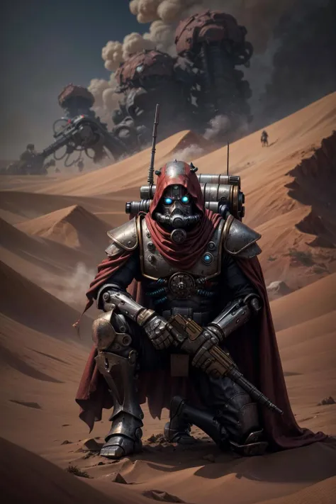 photo of skitarii warrior, wearing skitarii armor, mask details, glowing eyes, huge guns, kneeling, one knee, pointing, cyborg, mechanical arms detail, full armor, bronze trimmings, armor detail, gold trimmings, red cape, holding gun, weapon over the shoulder, <lora:tool - add_detail:1>
battle, army, firing, gun,
standing by desert storm, sandstorm, dune, dark ambiance, <lora:Skitarii Guard MK1 by CARAXES-000017:0.6>