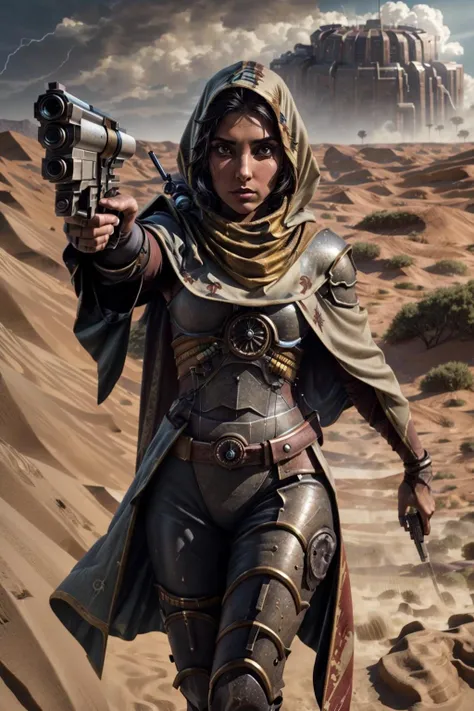 photo of 1girl, jasmine, wearing skitarii armor, mechanical arms detail, full armor, bronze trimmings, armor detail, gold trimmings,  cape, holding gun, aiming gun at viewer,  pointing gun, <lora:tool - add_detail:1>
battle, army, firing, gun,
standing by desert storm, sandstorm, dune, dark ambiance,    <lora:pose - gunAimingAtYouV1:0.6> <lora:subject - jasmineV3:0.7> <lora:Skitarii Guard MK1 by CARAXES-000017:0.6>