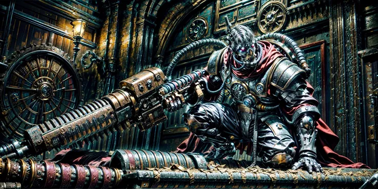 Generate a stunning art style, a true [masterpiece] [best quality] of art. The image showcases [detailed linework], [dynamic shading], and [dramatic lighting], bringing to life a [dark atmosphere, grim coloures] . In the background a [gothic hive city, manufactorum] is to be seen in [grand, high-scale, panorama]  from  [from below].
skitarii warrior, [male, 1boy, solo]  is  [full body:1.5, kneeling, from from above]. He is  wearing [skitarii armor, mask details, glowing eyes, cyborg, mechanical arms detail, full armor, bronze trimmings, armor detail, gold trimmings, red cape, ]. He is holding a [gun].
<lora:more_details:1>  <lora:add_detail:1>  <lora:Skitarii Guard MK1 by CARAXES:0.7>
