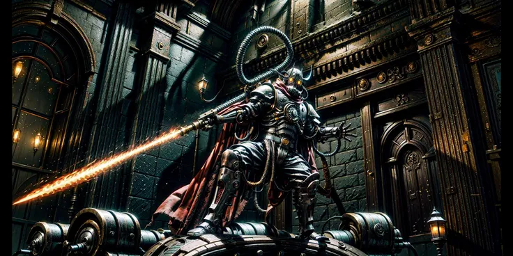 Generate a stunning art style, a true [masterpiece] [best quality] of art. The image showcases [detailed linework], [dynamic shading], and [dramatic lighting], bringing to life a [dark atmosphere, grim coloures] . In the background a [gothic hive city, manufactorum] is to be seen in [grand, high-scale, panorama]  from  [from below].
skitarii warrior, [male, 1boy, solo]  is  [full body:1.5, charging forward, from from above]. He is  wearing [skitarii armor, mask details, glowing eyes, cyborg, mechanical arms detail, full armor, bronze trimmings, armor detail, gold trimmings, red cape, ]. He is holding a [flame thrower].
<lora:more_details:1>  <lora:add_detail:1>  <lora:Skitarii Guard MK1 by CARAXES:0.7>