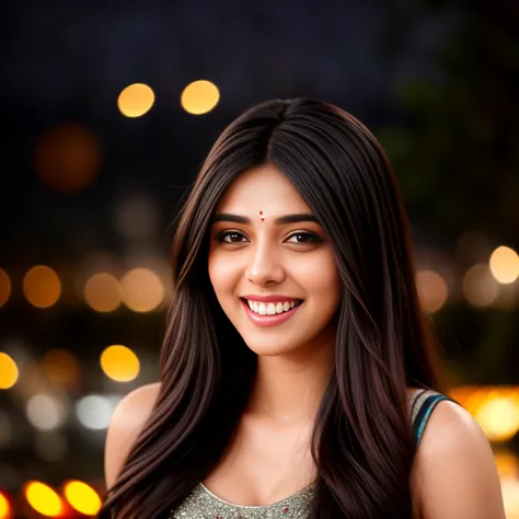 a photo of a 25-year-old woman, pranalira, laughing, professional portrait photo, city bokeh lights <lora:pranalira:1>