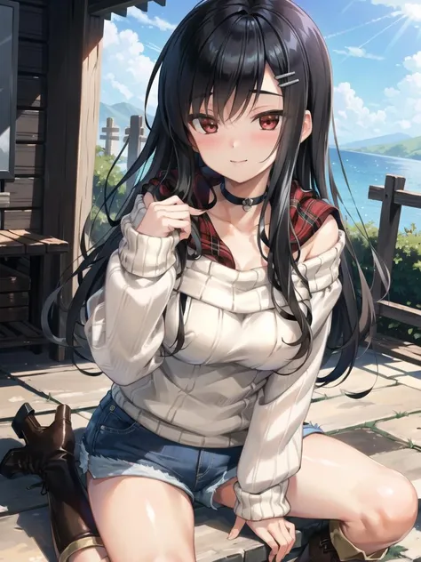 best quality,masterpiece, high res,original, beautiful detailed eyes,ultra-detailed, 1girl, omaezaki yuu, looking at viewer, smile, solo, boots, sweater, sitting, hair ornament, shorts, outdoors, scarf, brown footwear, blush, choker, knee boots, hairclip, day, long sleeves, red scarf, white sweater, short shorts, off shoulder, blue shorts, high heel boots, plaid, ribbed sweater, off-shoulder sweater, plaid scarf, high heels, closed mouth, denim, sleeves past wrists, denim shorts, sidelocks, thighs, looking up, very long hair, collarbone
<lora:omaezakiyuu_v1:0.9>