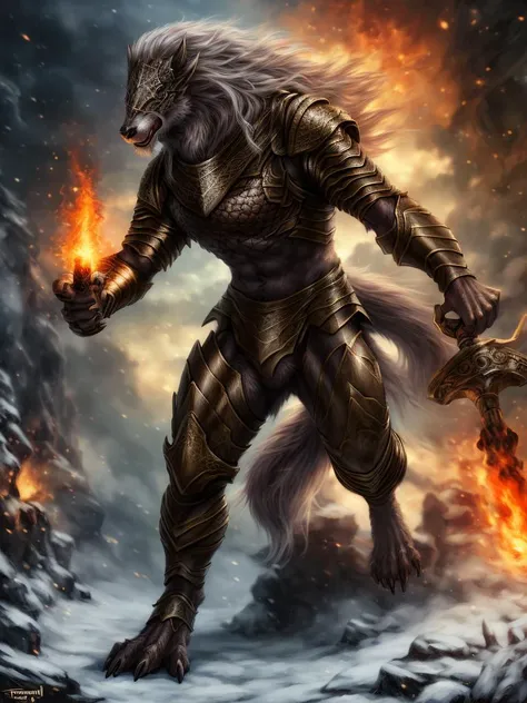 canid, canine, maliketh (/elden ring/), wolf, wearing white and orange, intricate heavy armour, shining, floating particles, (heroic pose:1.3), standing, holding fire torch, snow forest background, by personalami, by tojo the thief, photorealistic, realistic, masterpiece, 4k, sharp focus <lora:MalikethFRLE18-50:1>