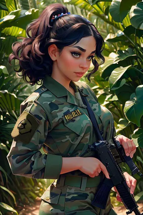 DEN_jayyqueen_OF,
(a (soldier:1.1) in the jungle on manoeuvrers wearing (army fatigues:1.2) and holding a rifle, (camouflage:1.2), military, uniform, military, camouflage uniform:1.2),
bokeh, f1.4, 40mm, photorealistic, raw, 8k, textured skin, skin pores, intricate details <lora:epi_noiseoffset2:1>, epiCRealism <lora:ClothingAdjuster3:-1>