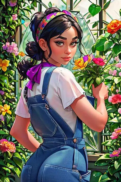 DEN_jayyqueen_OF,
(in a giant glass green house filled with exotic flowers and plants wearing overalls and a bandana walking through the flowers, arboretum, green house, glass, plants, flowers:1.2),
bokeh, f1.4, 40mm, photorealistic, raw, 8k, textured skin, skin pores, intricate details <lora:epi_noiseoffset2:1>, epiCRealism <lora:ClothingAdjuster3:-1>