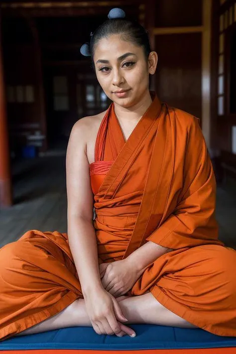 DEN_jayyqueen_OF,
(a Buddhist monk sitting outside and meditating in a Buddhist monastery wearing orange Buddhist robes, Buddhist, tranquillity, peace:1.2),
bokeh, f1.4, 40mm, photorealistic, raw, 8k, textured skin, skin pores, intricate details <lora:epi_noiseoffset2:1>, epiCRealism <lora:ClothingAdjuster3:-1>