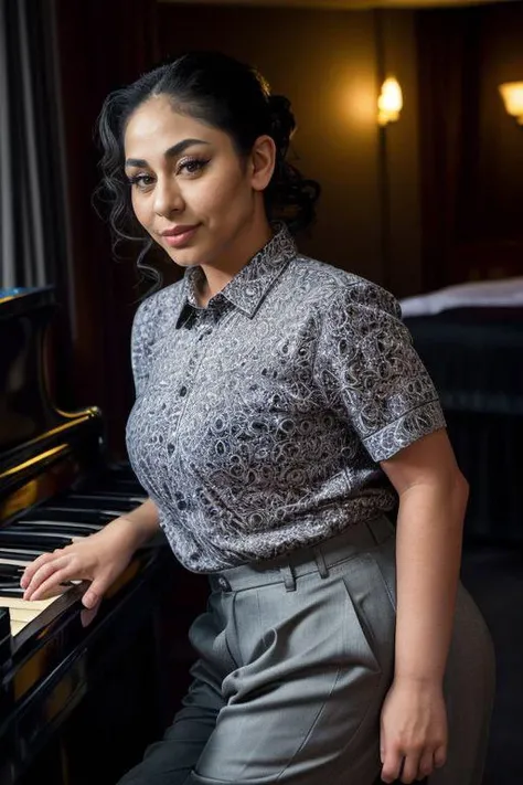 DEN_jayyqueen_OF,
(playing (jazz:1.2) in a seedy jazz Hall wearing a (shirt and trousers:1.3), atmospherics, cinematic, scene, (jazz:1.2), jazz musician:1.2),
bokeh, f1.4, 40mm, photorealistic, raw, 8k, textured skin, skin pores, intricate details <lora:epi_noiseoffset2:1>, epiCRealism <lora:ClothingAdjuster3:-1>