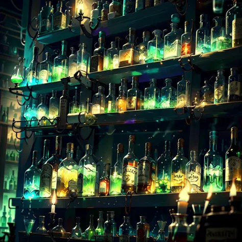 AbsinthePunkAI <lora:AbsinthePunkAI:1>, Shelf of magical bottles, fantasy bar, potions on the shelf, masterpiece, best quality, intricate detailed, highres, unity 8k wallpaper