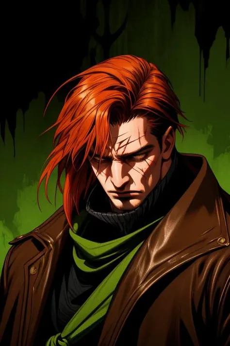 best quality,masterpiece,(1man, thin adult male:1.2), amber eyes, copper hair, straight hair, looking away, solo, upper body, detailed background, detailed face, (<lora:AbsinthePunkAI:0.5>, AbsinthePunkAI theme:1.1), face covered by bandana , burglar, scars, dynamic pose, rugged dark leather clothes, belts, small leather pouch, dark port pier background, undercover, , sneaky, , concealed, (barrels:0.8) in background shadows, grunge atmosphere, ,