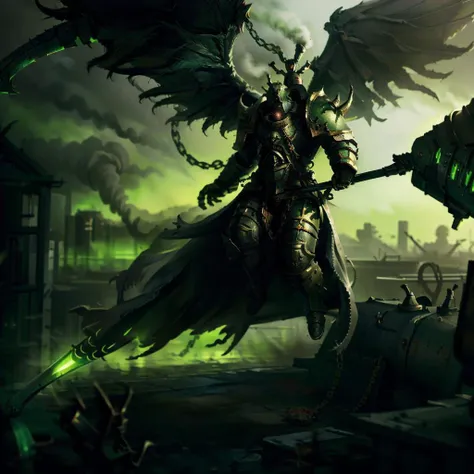 volumetric cinematic lighting, (highly detailed:1.4), smooth, sharp focus, full body 8k unity render, action shot, realistic reflections, cinematic composition,<lora:add_detail:1><lora:AbsinthePunkAI:.9> AbsinthePunkAI, mortarion, battlemage <lora:Mortarion MK1 by CARAXES:0.7> detailed armor, detailed face, detailed armor, cape, intricate ornamented, full armor, holding scythe, ((scythe:1.3)) chains ((chains:1.3 )), ascended, giant, multiple metallic wings, entropy, flying ruined factory, war, urban landscape background, particles floating, green sky, bright cinematic lighting, soft shadows,