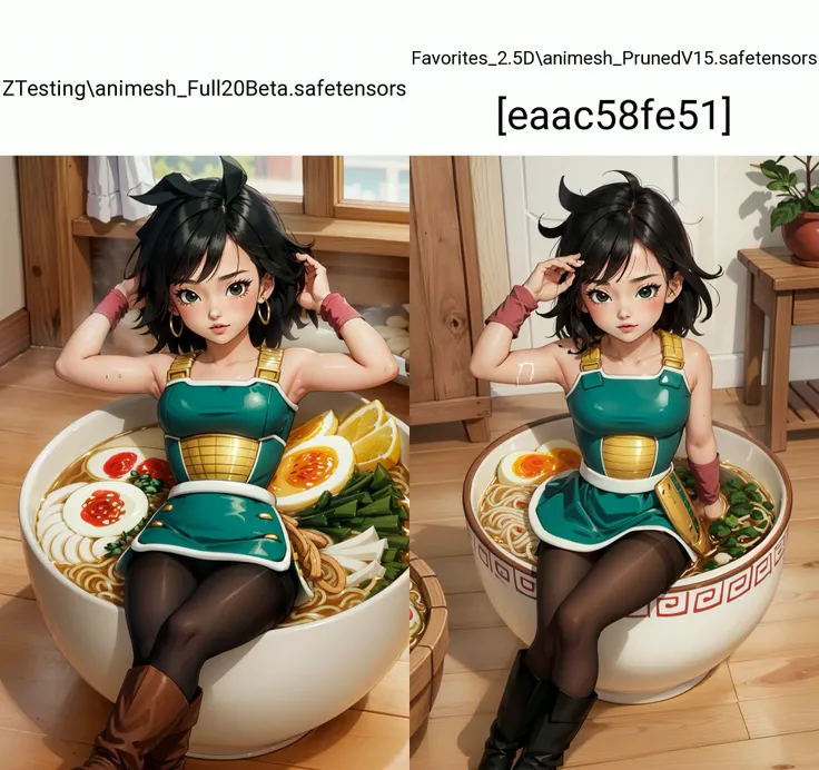 (masterpiece, best quality), intricate details,
1girl, <lora:gine-nvwls-v1:0.8> gine, saiyan armor, green skirt, wristband, black pantyhose, tail, white boots,
<lora:RamenGirl_v1:0.8> ramengirl, ramen, bowl, bathing, liquid,