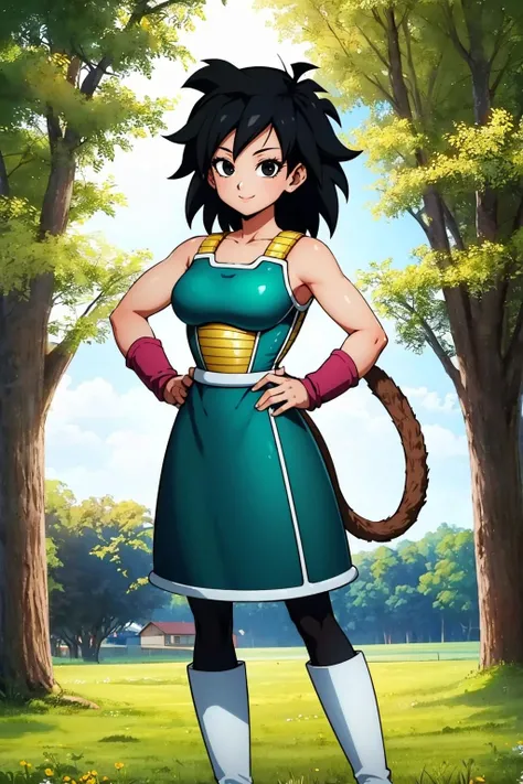 masterpiece, best quality, gine, saiyan armor, green skirt, wristband, black pantyhose, tail, white boots, hands to hips, smile, looking at viewer, field <lora:gine-nvwls-v1-000012:0.9>