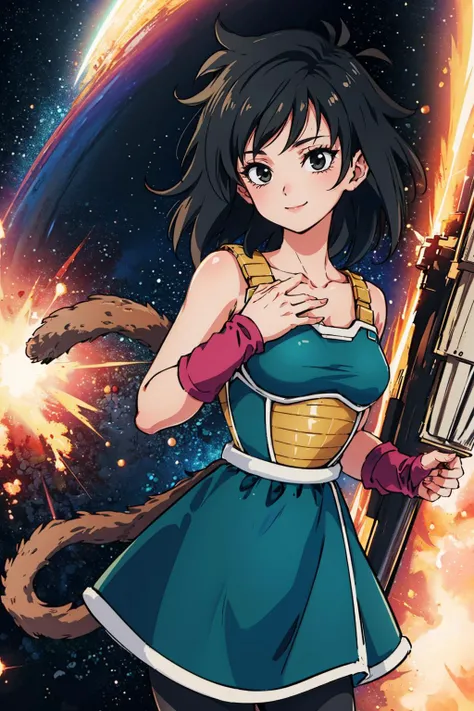 masterpiece, best quality, gine, black eyes, saiyan armor, green skirt, wristband, black pantyhose, tail, cowboy shot, smile, outer space, hand to own chest <lora:gine-nvwls-v1-000012:0.9>