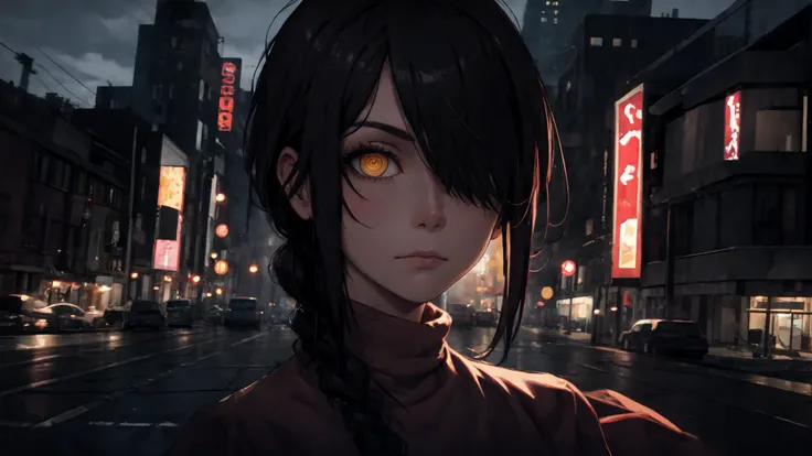 absurdres, [perfect shadows, masterpiece, attentive, high quality, detailed, extremely detailed, 4K, high definition, intricate, cinematic, 8k, ultra quality, 8K UHD,official art, illustration, 1girl, mature female, aged_up, solo, (upper-body:1.3), looks at the viewer, black hair,yellow eyes,long hair,braided ponytail,ringed eyes, (hair over one eye), sweater,  <lora:nayuta2:1>, closed mouth, emotionless, <lora:midjourney_20230624181825:0.3>, midjourney, city, street, <lora:LowRA:0.5>, night, dark, shadow on face, fami, cinematic scene, arms behind back,