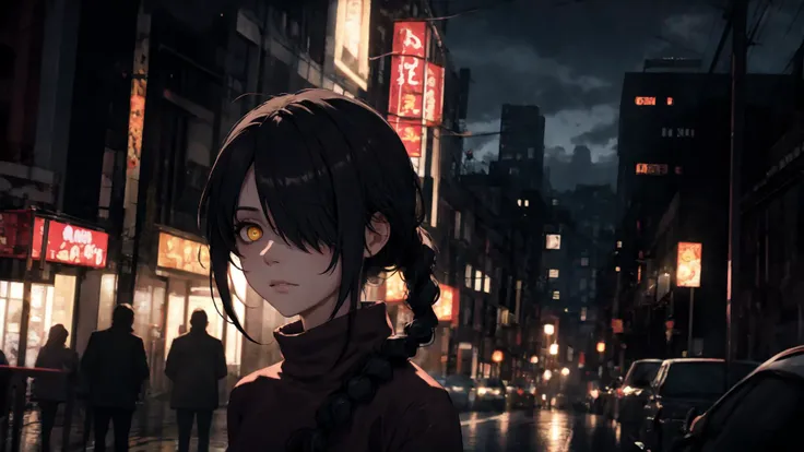 absurdres, [perfect shadows, masterpiece, attentive, high quality, detailed, extremely detailed, 4K, high definition, intricate, cinematic, 8k, ultra quality, 8K UHD,official art, illustration, 1girl, mature female, aged_up, solo, (upper-body:1.3), looks at the viewer, black hair,yellow eyes,long hair,braided ponytail,ringed eyes, (hair over one eye), sweater, <lora:nayuta2:1>, closed mouth, emotionless, <lora:midjourney_20230624181825:0.3>, midjourney, city, street, <lora:LowRA:0.5>, night, dark, shadow on face, fami, cinematic scene, arms behind back,