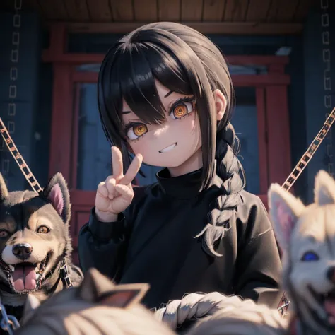 (masterpiece:1.4), (best quality:1.4), soft light, <lora:nayuta:1>, 1girl,black hair,yellow eyes,long hair,braided ponytail,hair between eyes,hair over one eye, chain,v-shaped_eyebrows,grin,upper teeth,black shirt,sweater,ringed eyes, peace sign, (((dog, multiple dogs, girl surrounded by dogs))), (cowboy shot), looking at view, (((Background with multiple silver chains))), indoors, simple background, (detailed face), detailed iris, detailed eyes, extremely detailed skin, extremely detailed CG unity 8k wallpaper, finely detail, <lora:loraPeaceSign_v03:0.7>,