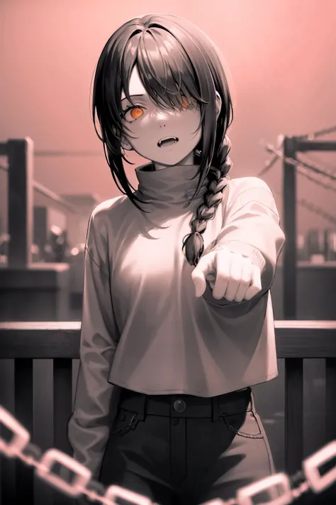masterpiece, best quality, <lora:nayuta:1>,1girl, solo, chain, braid, hair over one eye, spot color, looking at viewer, open mouth, long hair, monochrome, long sleeves, braided ponytail, bangs, orange eyes, black hair