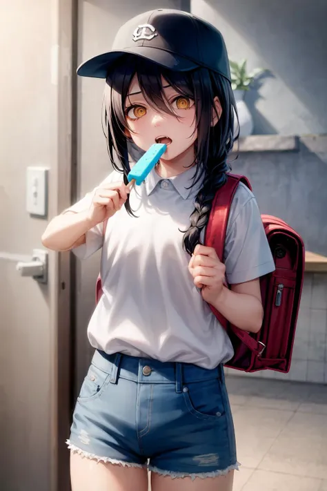 masterpiece, best quality, <lora:nayuta:1>,1girl, backpack, hat, bag, food, shirt, ringed eyes, black hair, solo, braid, white shirt, open mouth, popsicle, long hair, blue headwear, shorts, randoseru, looking at viewer, hair between eyes, short sleeves, collared shirt, holding, baseball cap, pants, blue shorts, denim, brown eyes, cowboy shot, teeth, shirt tucked in, single braid, yellow eyes