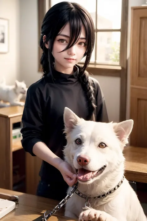 masterpiece, best quality, <lora:nayuta:1>,1girl,black hair,yellow eyes,long hair,braided ponytail,hair between eyes, chain,grin,black shirt,dog,