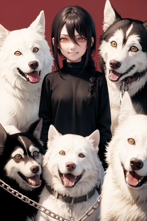 masterpiece, best quality, <lora:nayuta:1>,1girl,black hair,yellow eyes,long hair,braided ponytail,hair between eyes, chain,grin,black shirt,dog,red background,