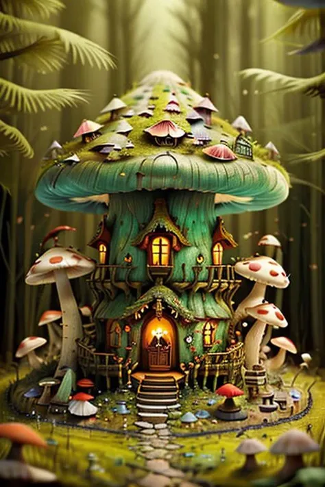 mushroom hotel in a mythical forest, masterpiece, intricate details, horror theme <lora:CuteBuild:0.7> 3dfz, tilt-shift